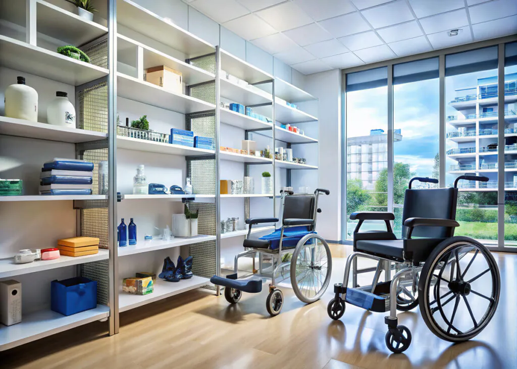 Two wheelchairs in front of shelves full of medical supplies in El Paso.